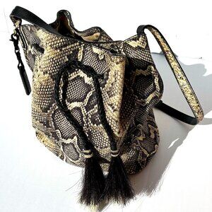 Loeffler Randall Tasseled Python Effect Leather Bucket Bag Crossbody Black/Creme